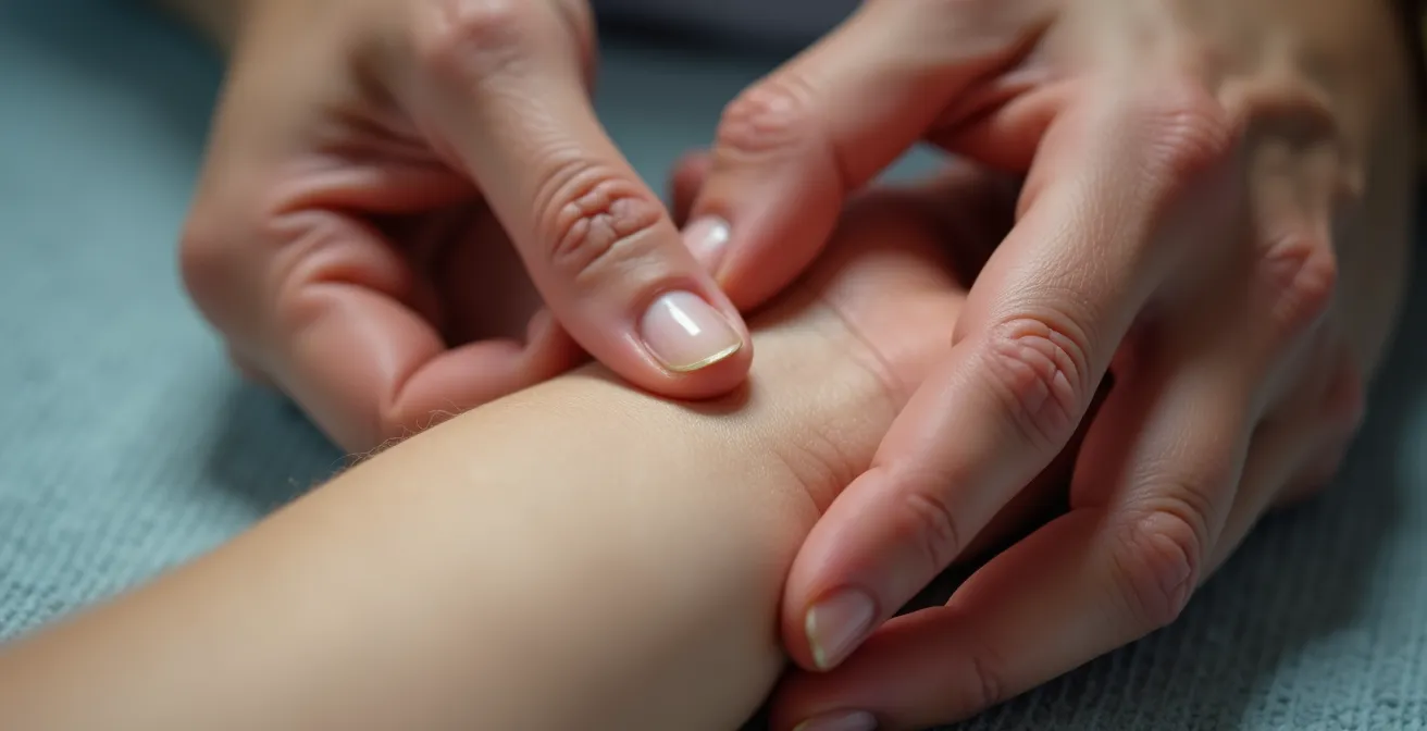 Mano aplicando presión en punto de acupresión P6 en muñeca para control de náuseas