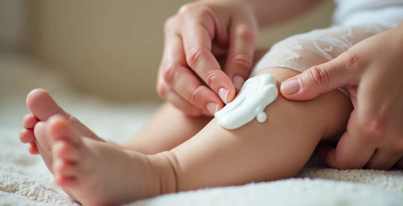 Aplicación de crema anestésica en el muslo del bebé con apósito protector