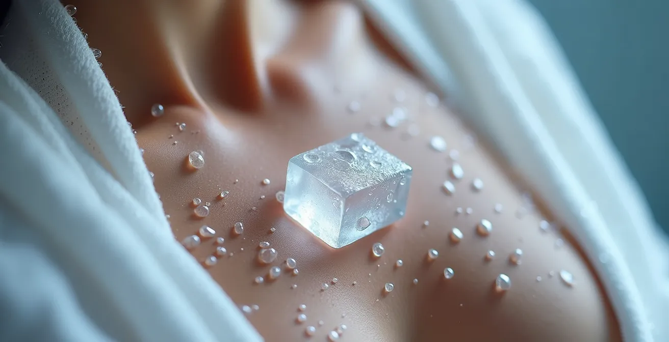Detalle macro de gotas de agua fría sobre piel con textura visible en la zona del esternón