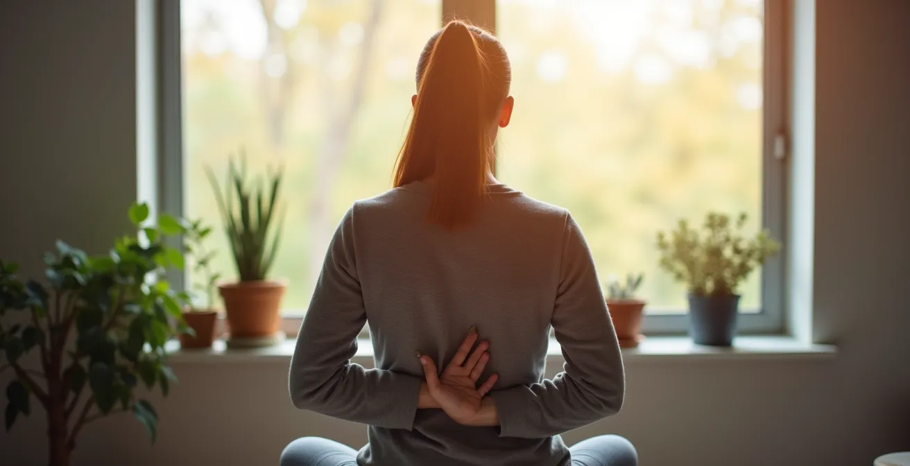 Persona de espaldas practicando técnica de respiración frente a ventana con luz natural