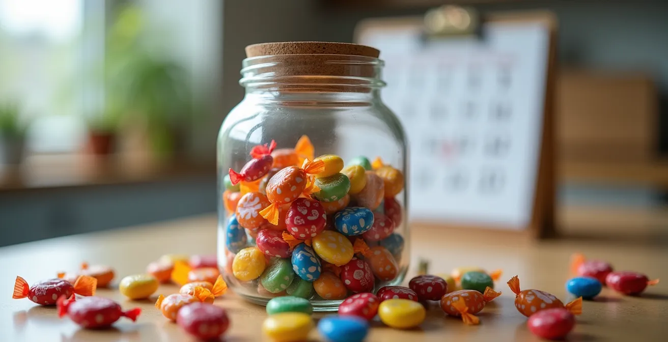 Caja transparente con dulces organizados de forma visible y controlada sobre encimera de cocina