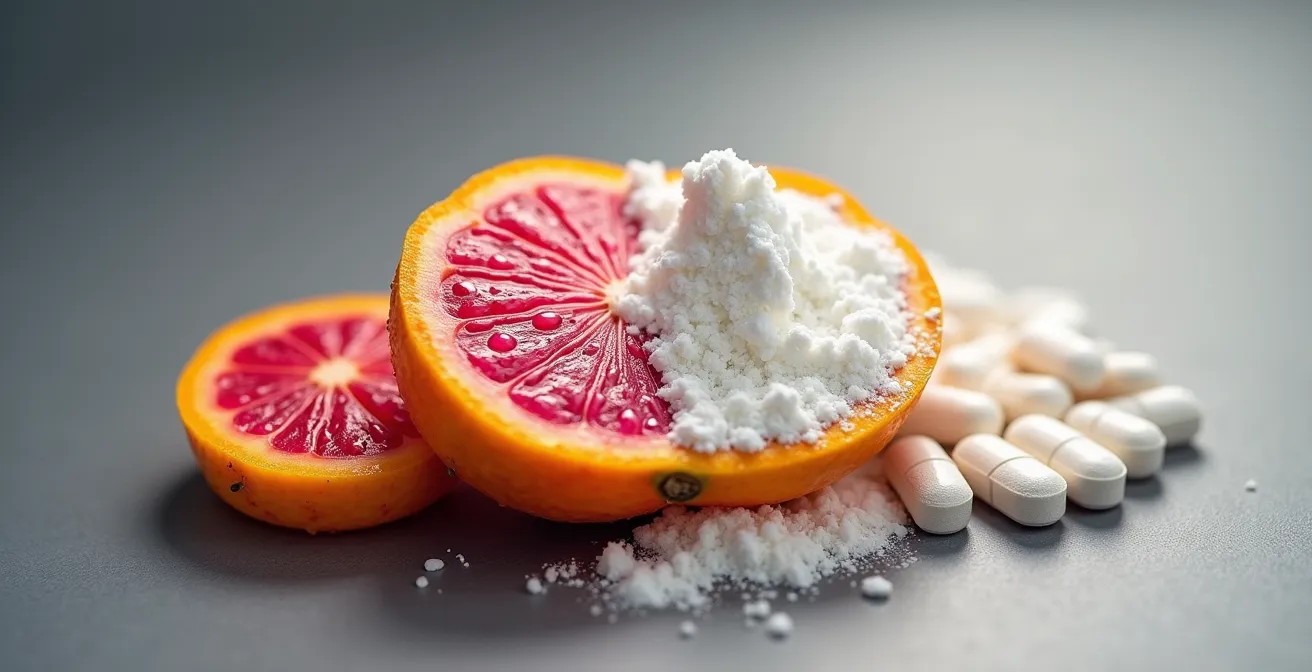 Frutos frescos de camu camu cortados mostrando pulpa rica en vitamina C junto a cápsulas de ácido ascórbico