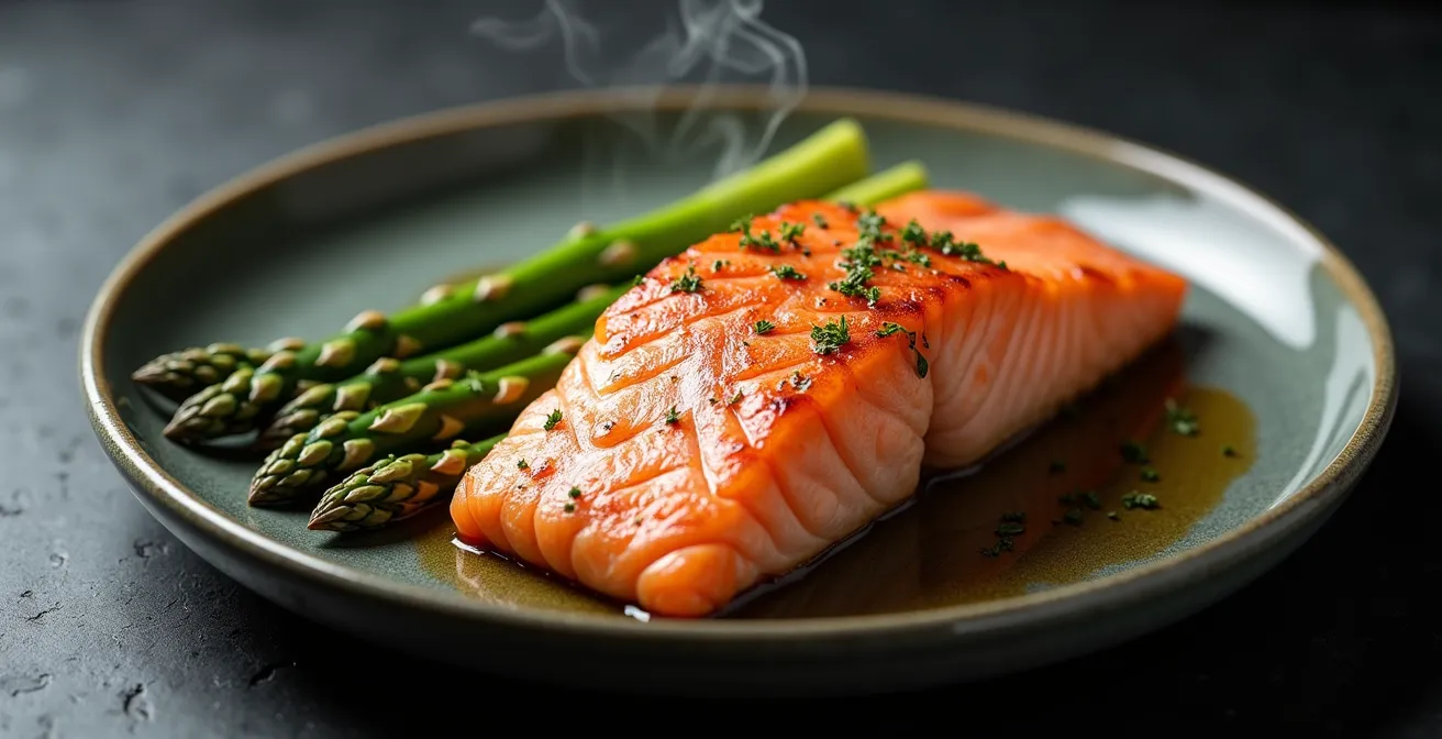 Plato de cena rico en proteínas con salmón y verduras en ambiente nocturno relajante