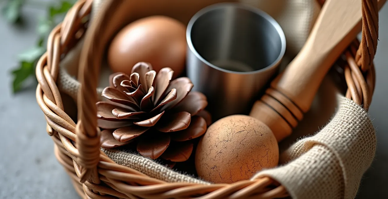 Cesta con objetos cotidianos de diferentes texturas para exploración sensorial del bebé