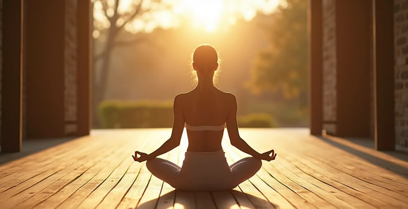 Persona en postura de meditación conectando con la tierra a través del chakra raíz