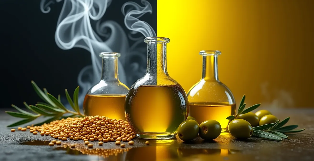 Comparación visual de aceites refinados que promueven la inflamación frente a aceites naturales como el de oliva que la combaten.