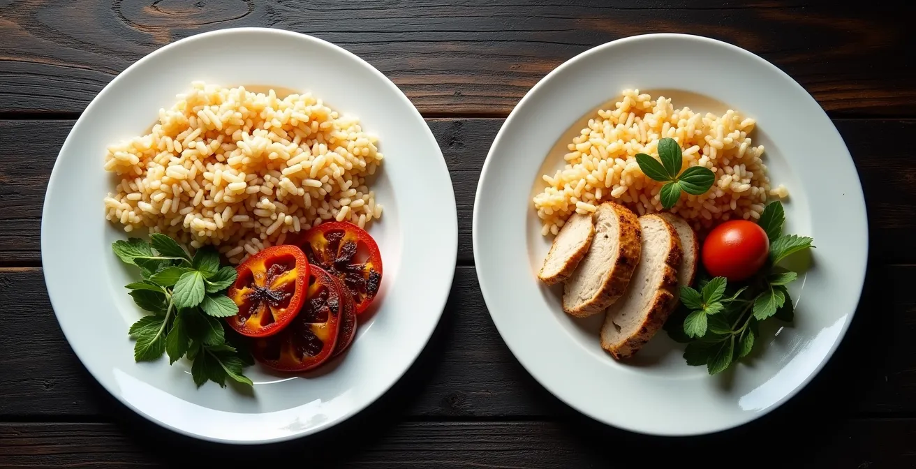 Dos platos comparados lado a lado mostrando diferentes proporciones de arroz, pollo y verduras para días de entreno versus descanso