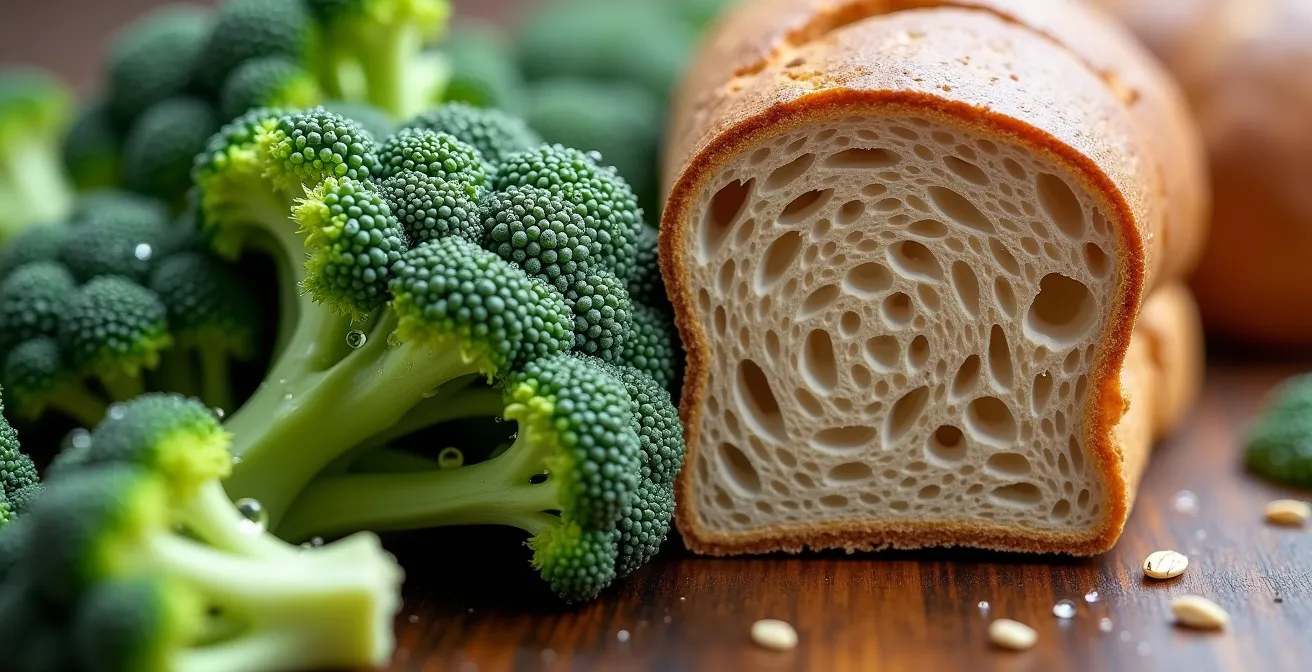 Comparación visual entre brócoli fresco y pan integral mostrando diferencias nutricionales