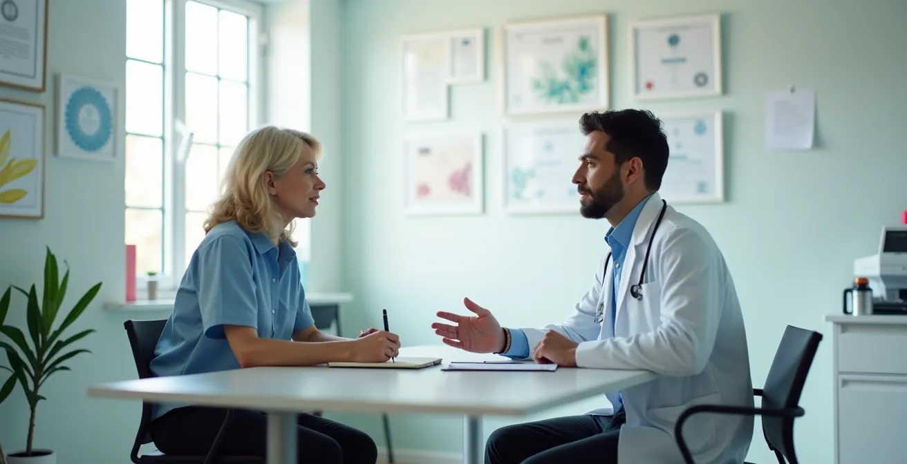 Paciente mayor tomando notas durante consulta médica, mostrando participación activa