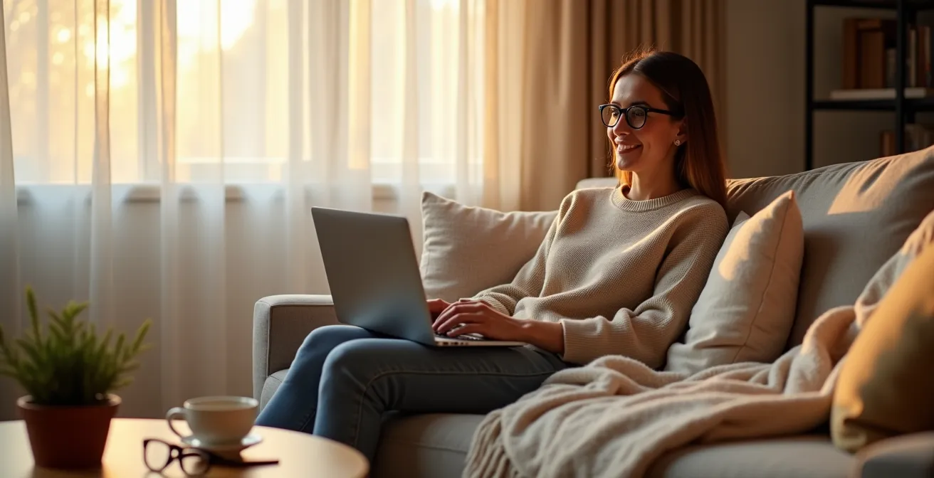 Persona sonriendo durante videollamada con amigos desde casa