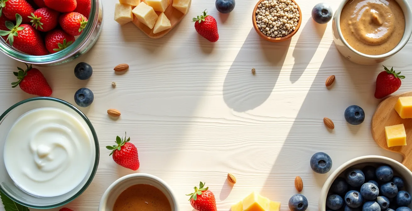 Mesa con variedad de fuentes proteicas vegetales para desayuno nutritivo