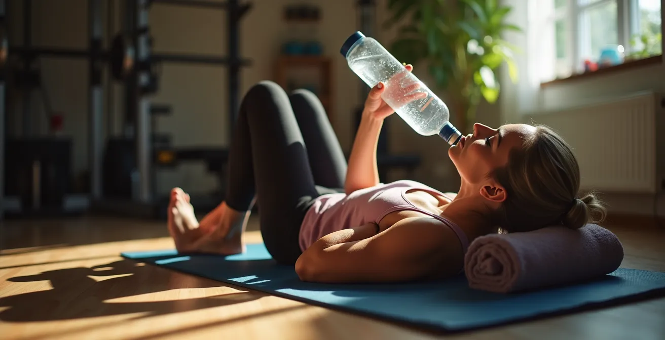 Mujer mayor descansando después del ejercicio con botella de agua