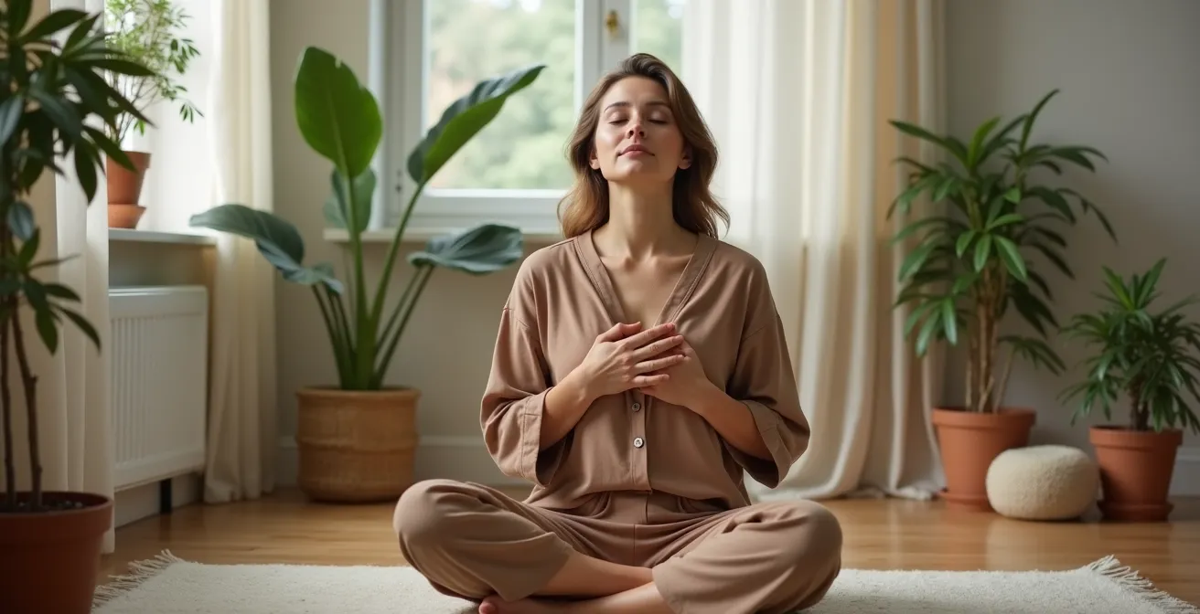 Persona en estado meditativo enfocándose en sensaciones corporales en lugar de pensamientos