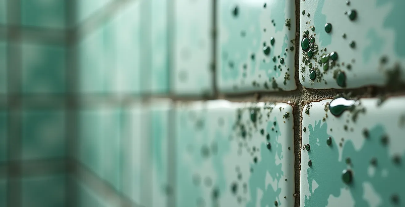 Vista macro de esporas de moho en superficie de baño con condensación