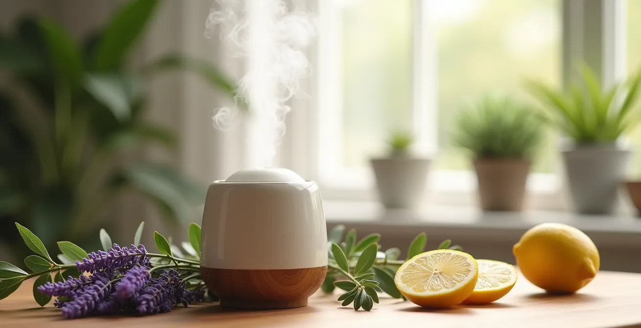 Difusor de aceites esenciales con vapor y plantas aromáticas en ambiente hogareño