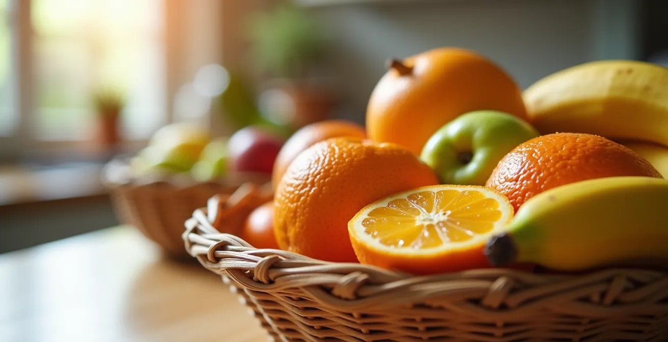 Cocina organizada con frutas visibles y espacios diseñados para hábitos saludables