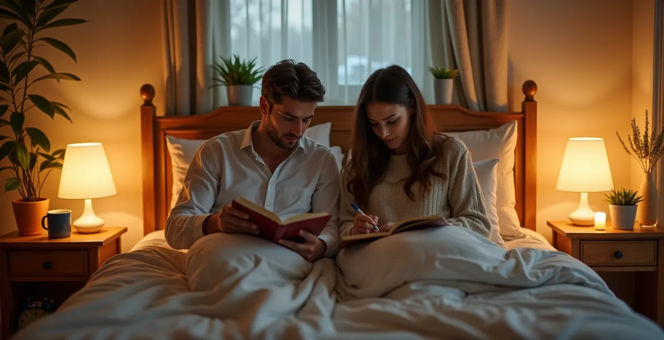 Dormitorio acogedor que funciona como un santuario libre de tecnología, con una pareja leyendo libros y disfrutando de un ambiente relajante.