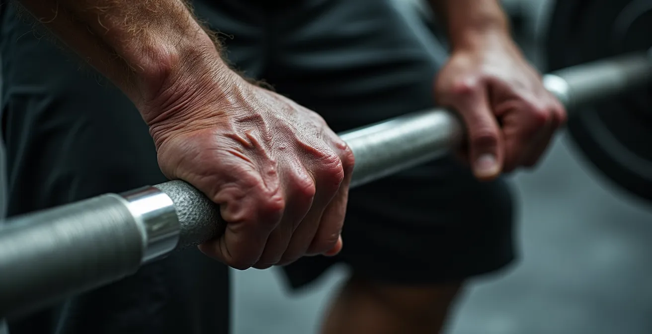Vista macro de manos maduras sujetando barra con peso
