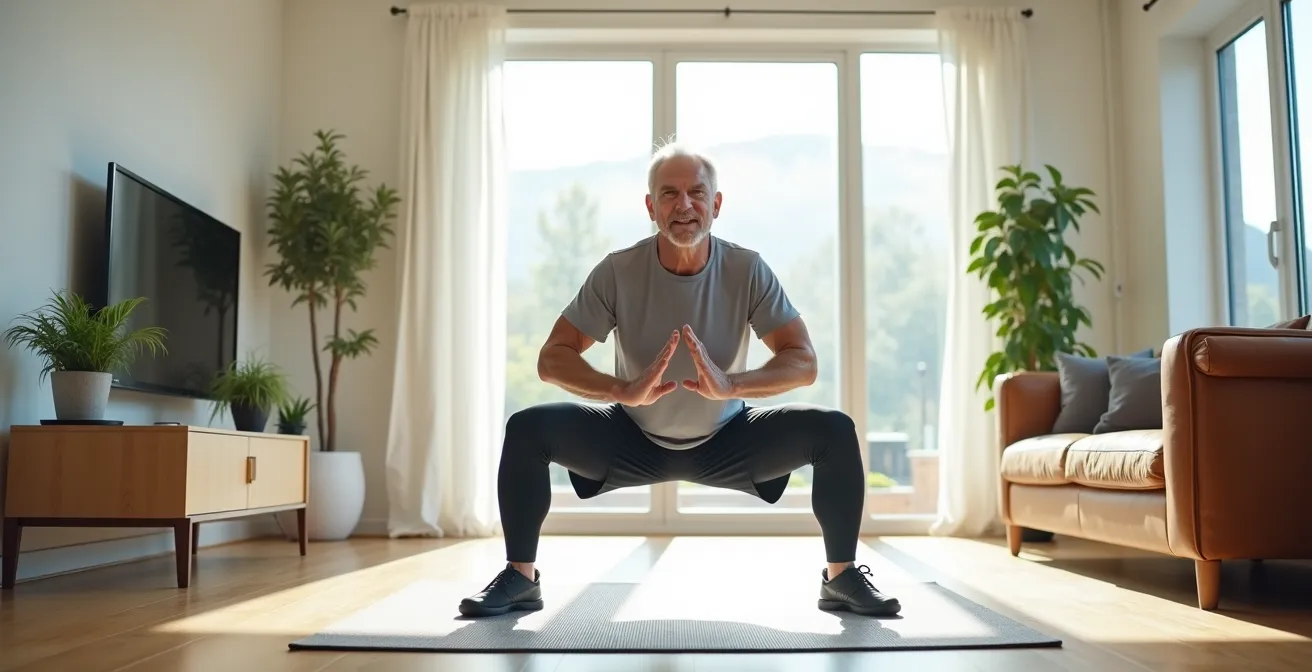 Hombre mayor haciendo sentadilla controlada en sala de estar