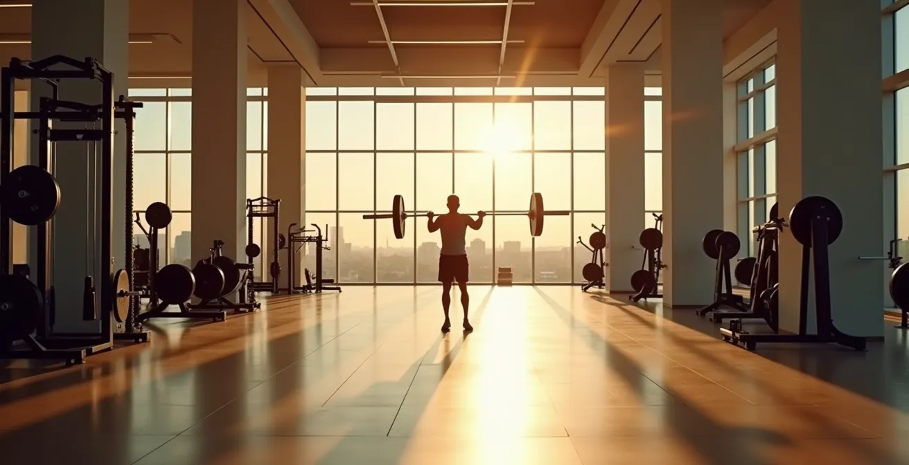 Ambiente de gimnasio minimalista con persona entrenando al fondo