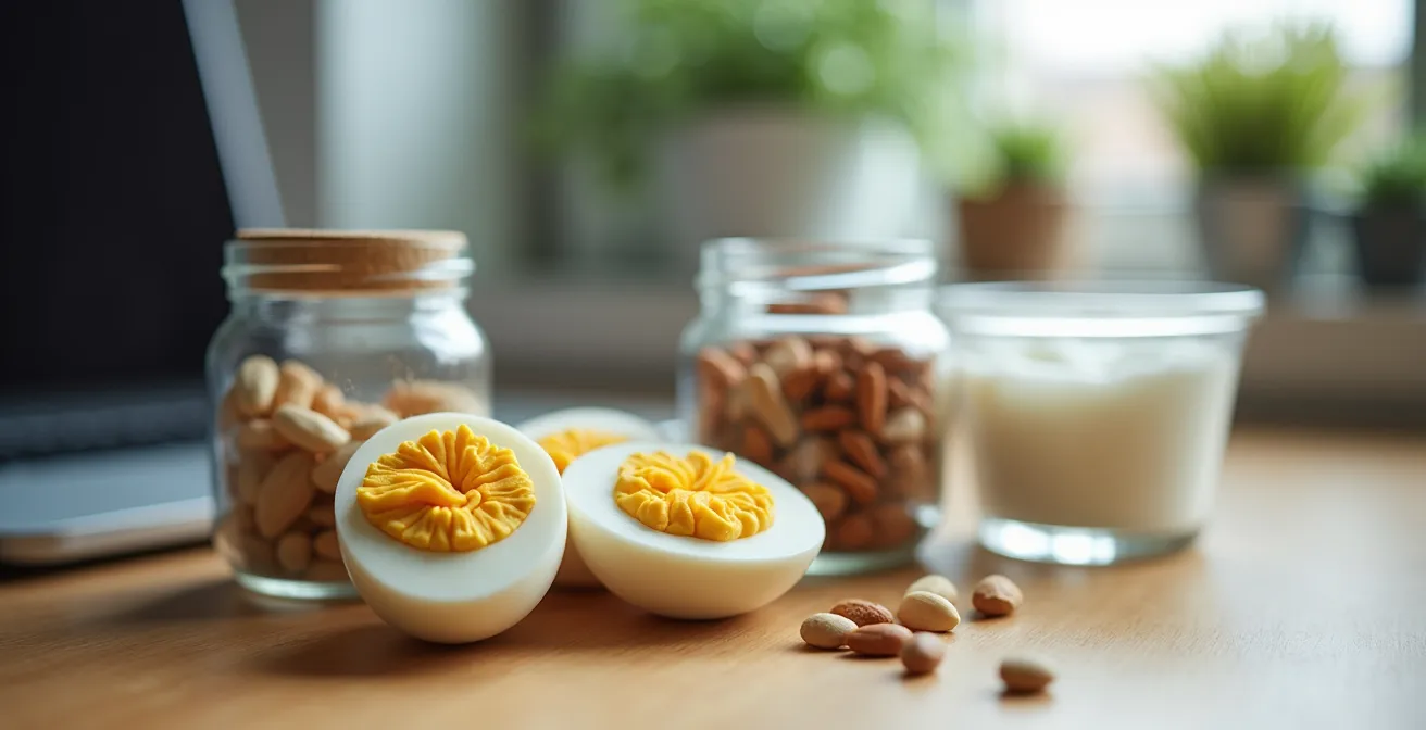 Vista cenital de un escritorio de oficina con recipientes organizados de snacks proteicos naturales y un vaso de agua