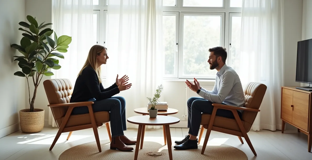 Dos personas en conversación profunda mostrando escucha activa y validación emocional