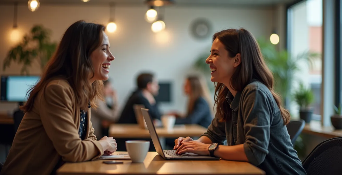 Profesionales trabajando y socializando en un espacio de coworking luminoso