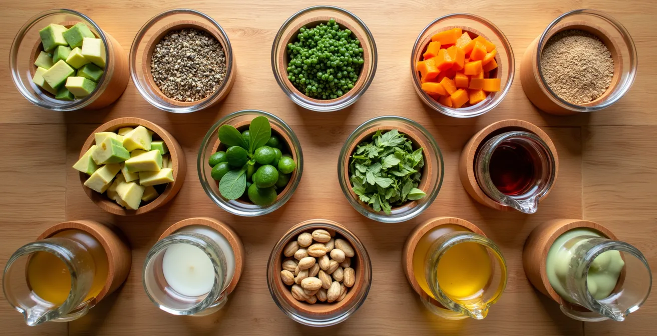 Mesa con diversos recipientes de toppings y condimentos saludables organizados para personalización familiar