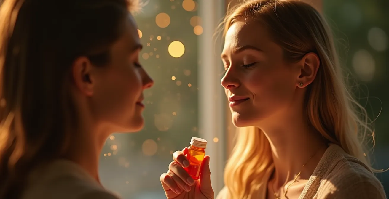 Persona en calma rodeada de pensamientos positivos simbolizados por luz suave