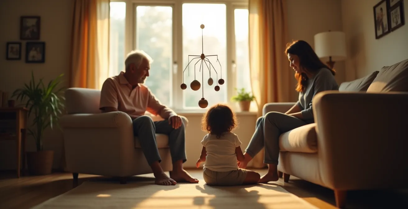 Familia multigeneracional compartiendo momento relajado en sala, mostrando apoyo sin agobio