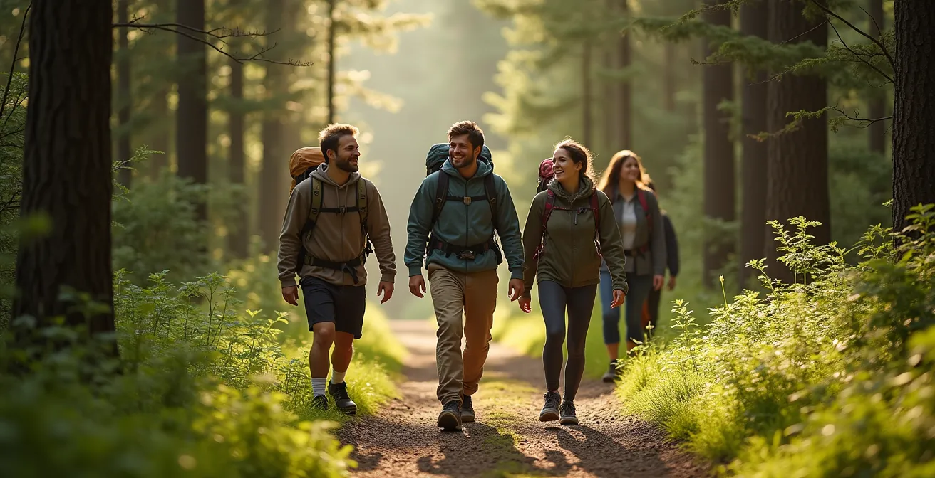 Grupo diverso de amigos haciendo senderismo en la naturaleza mientras conversan