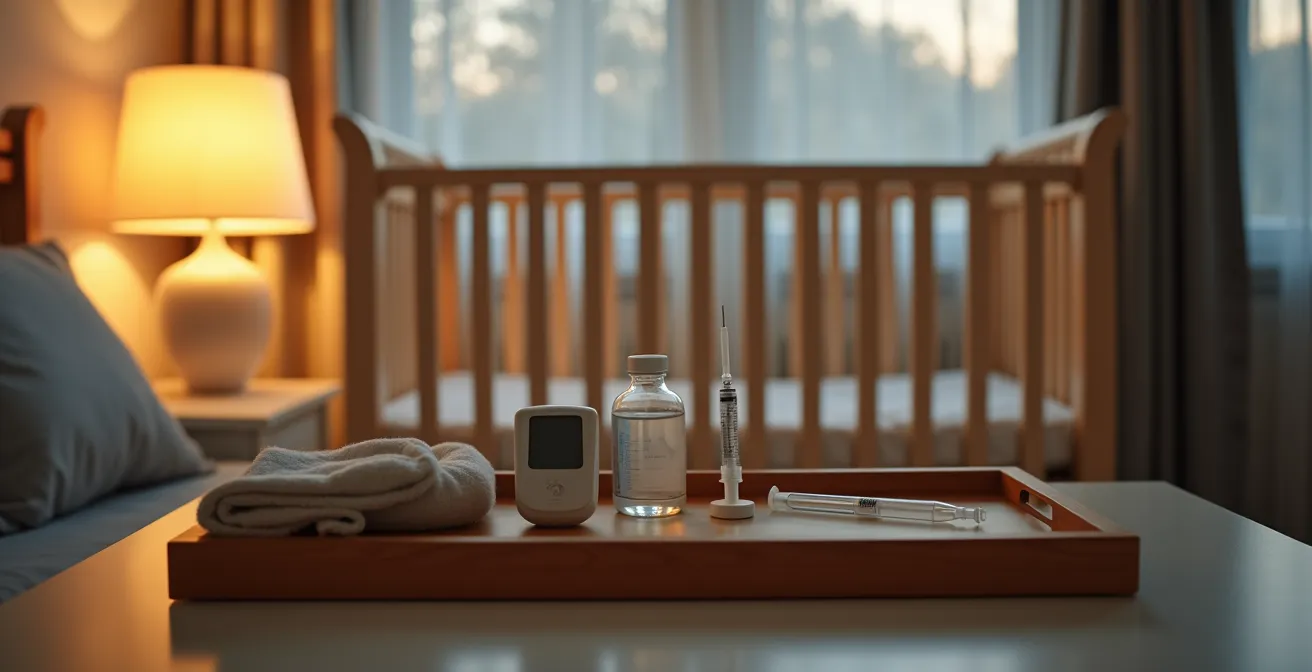 Kit de cuidados nocturnos con termómetro y medicamentos preparados en bandeja