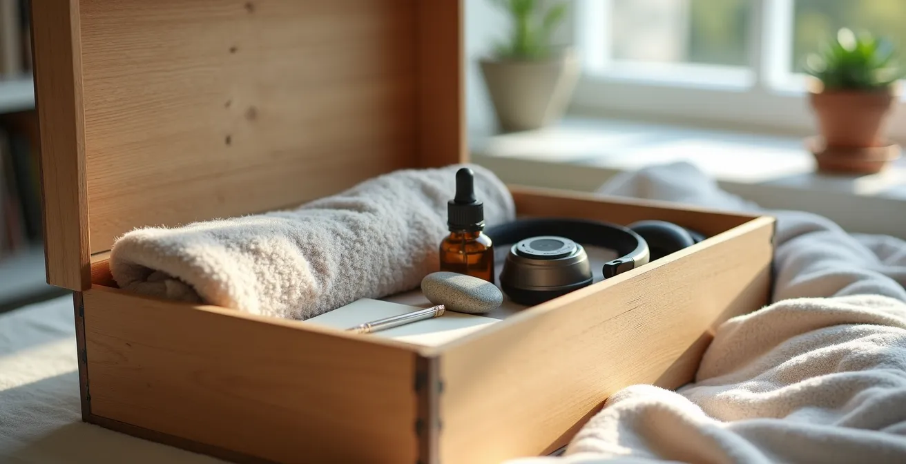 Kit de emergencia emocional con objetos reconfortantes organizados cuidadosamente