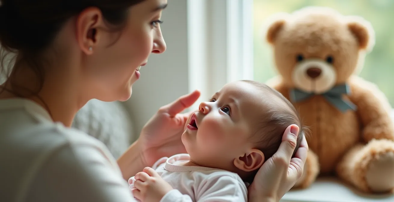 Madre realizando lavado nasal a bebé con expresión tranquila usando peluche como demostración