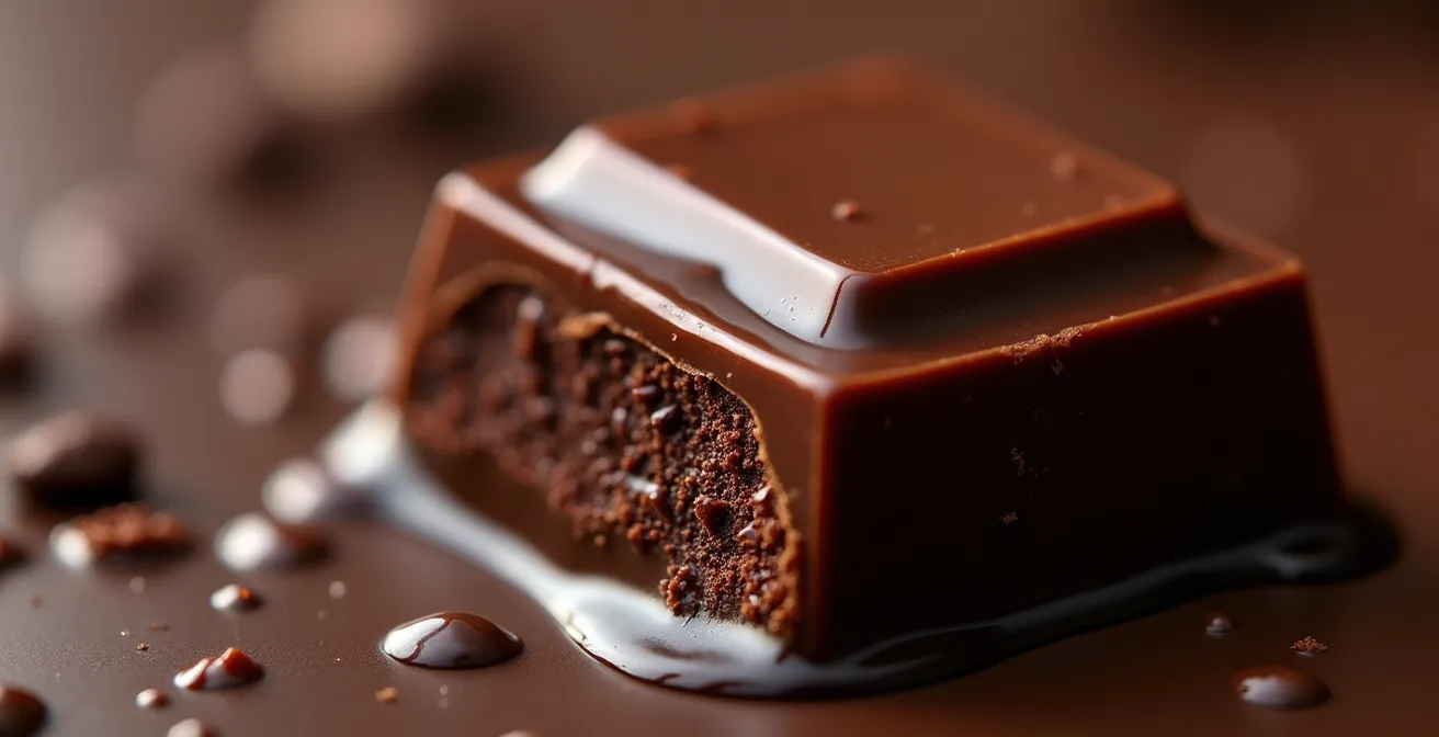 Detalle extremo de chocolate artesanal derritiéndose mostrando texturas y brillo