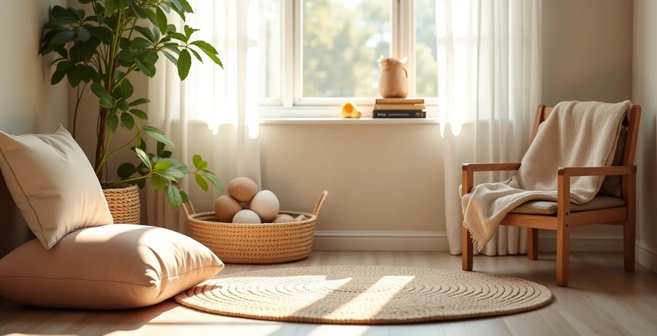 Espacio de calma con cojines y elementos sensoriales para autorregulación emocional