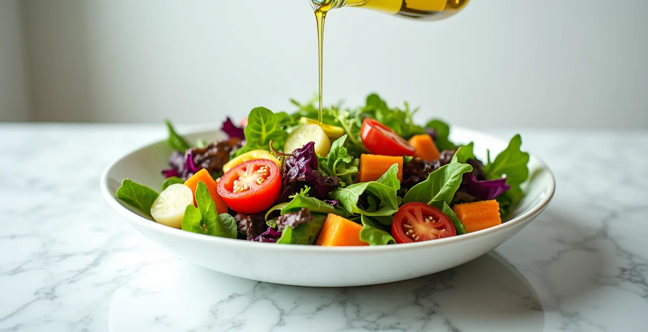 Ensalada colorida mostrando diversidad de nutrientes naturales en matriz alimentaria