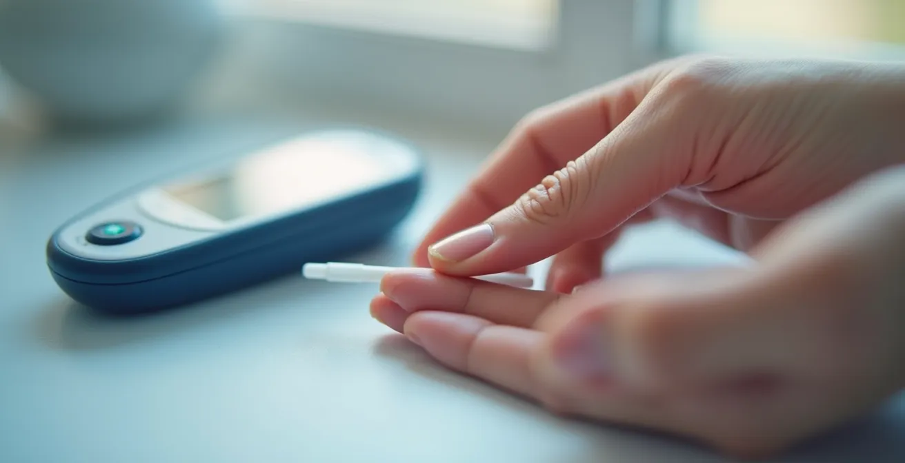 Manos realizando correctamente prueba de glucosa con técnica adecuada