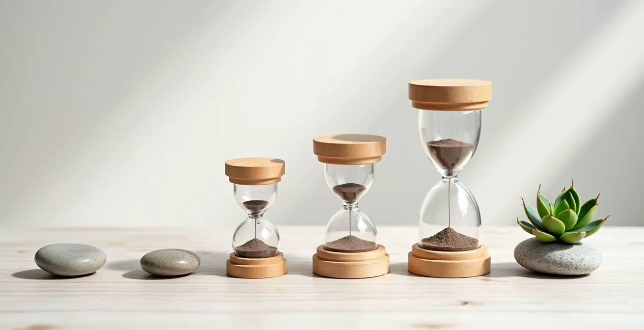 Vista aérea de una agenda con bloques de tiempo coloridos representando diferentes duraciones de autocuidado