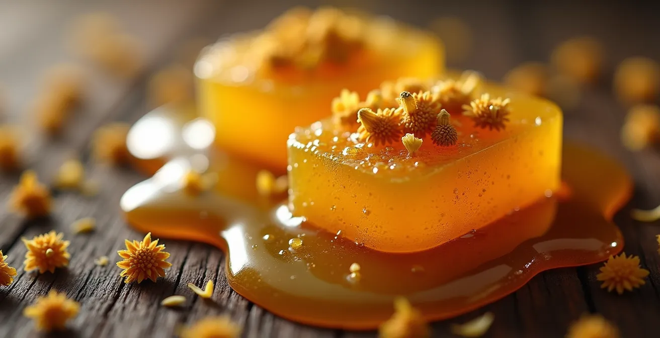 Vista macro de cristales de metilglioxal en miel de Manuka bajo microscopio