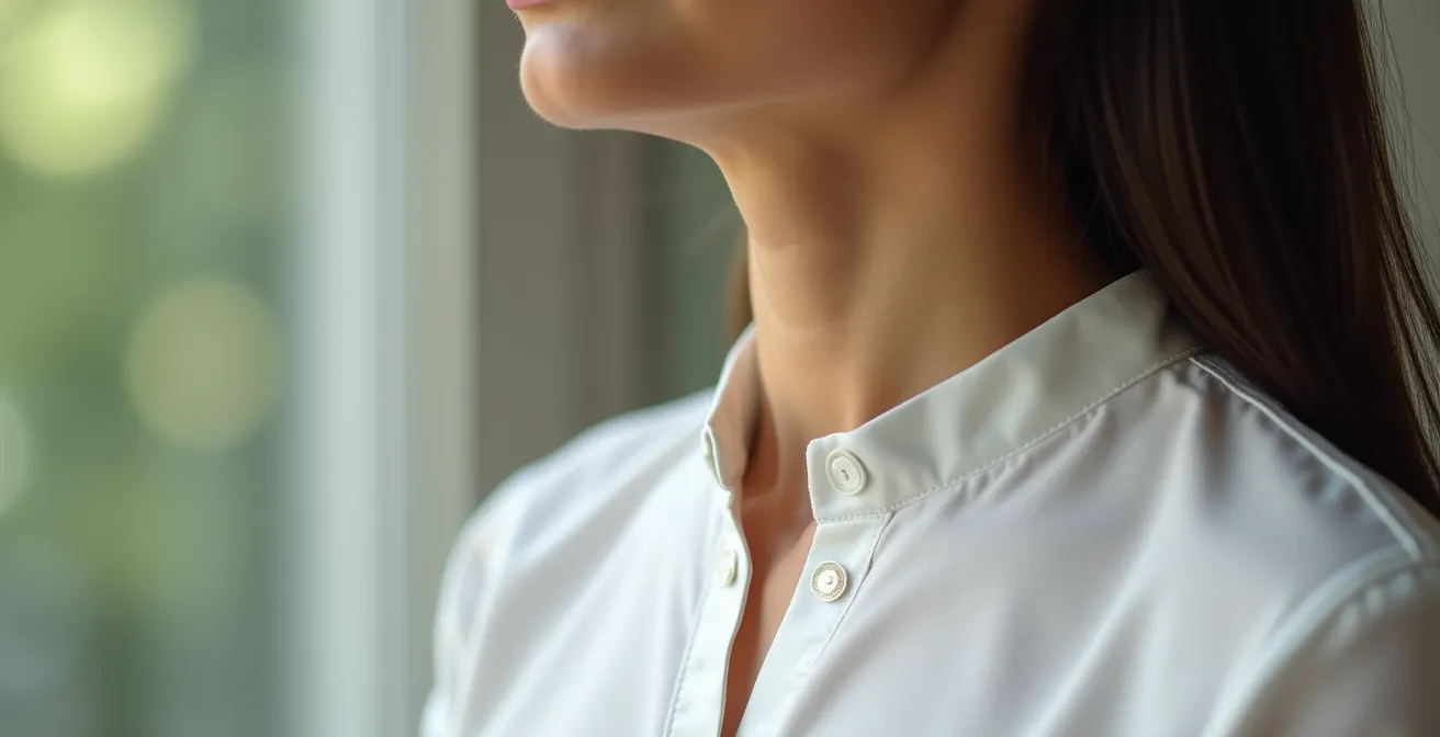 Primer plano macro de persona practicando respiración profunda con enfoque en el cuello y pecho