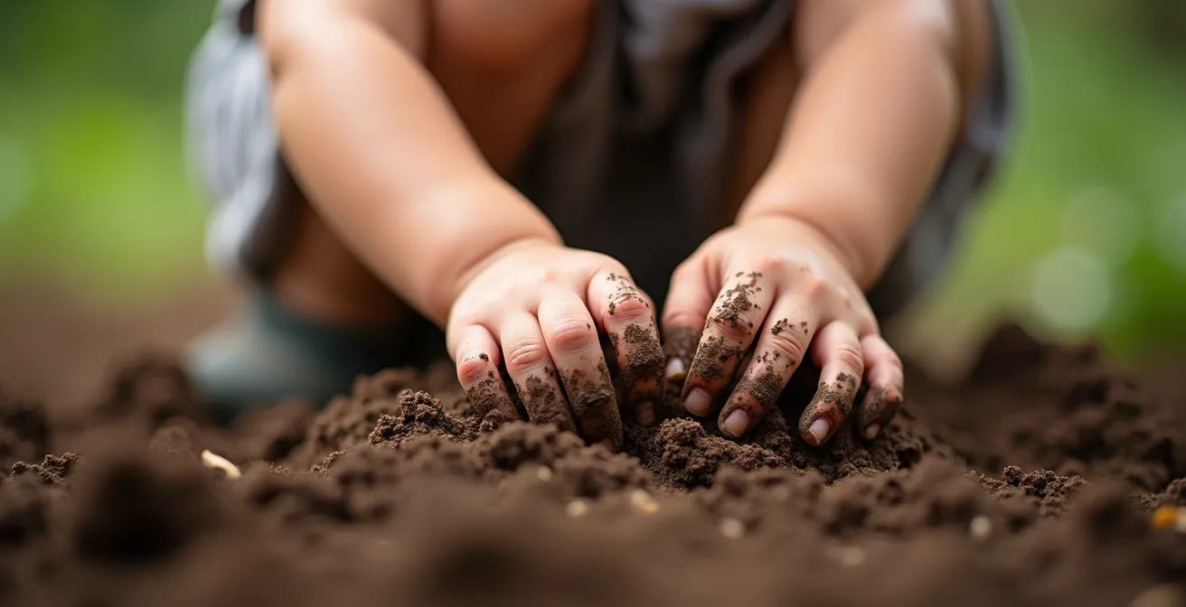 Detalle macro de manos infantiles tocando tierra húmeda con textura visible