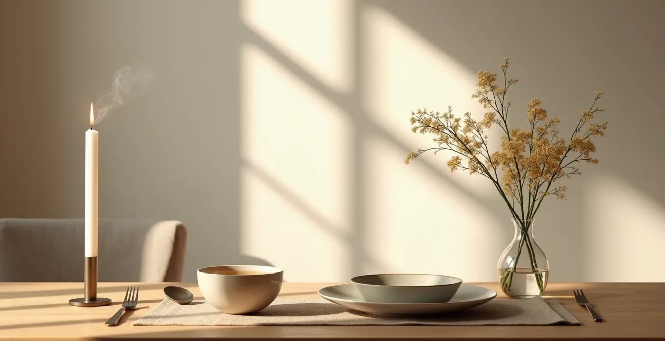 Mesa de comedor minimalista con ambiente sereno, luz de vela y espacio contemplativo para comer