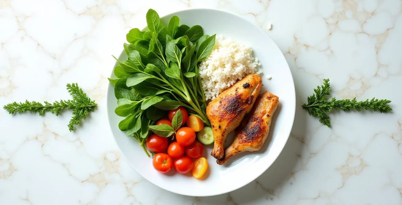 Vista cenital de plato con vegetales, proteínas y arroz organizados estratégicamente