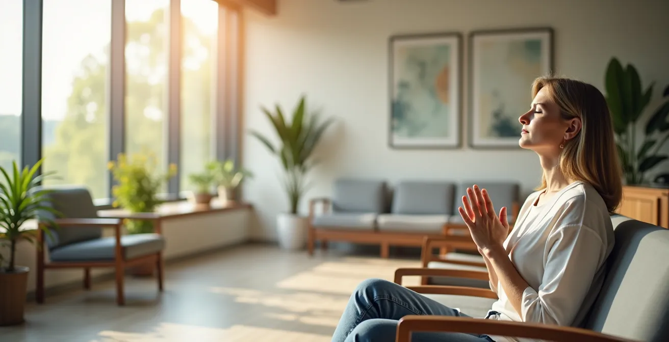 Mujer adulta practicando técnicas de respiración en sala de espera médica