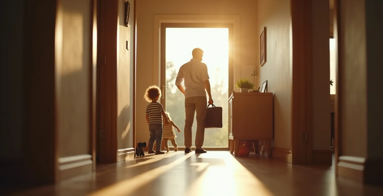 Padre en momento de transición al llegar a casa, creando espacio de calma antes de conectar con sus hijos
