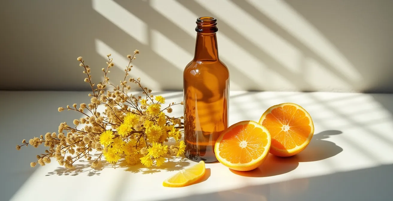 Composición artística de plantas medicinales con sombras dramáticas del sol