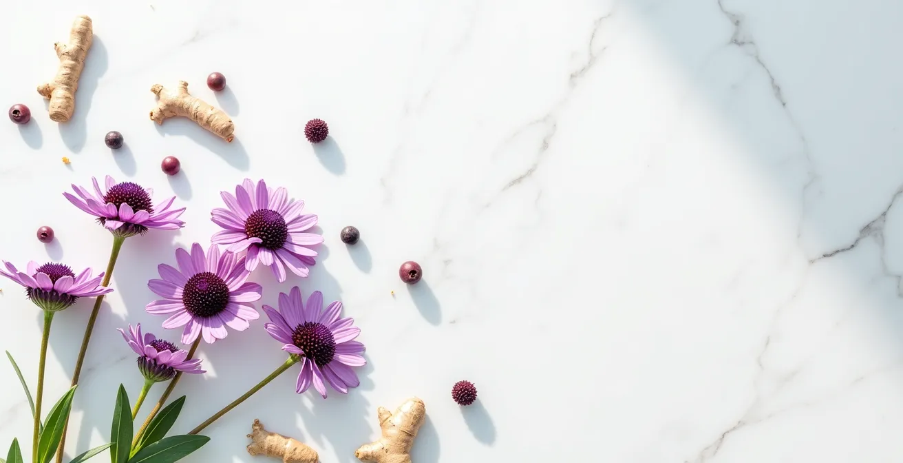 Composición artística de equinácea y plantas medicinales para el sistema inmune