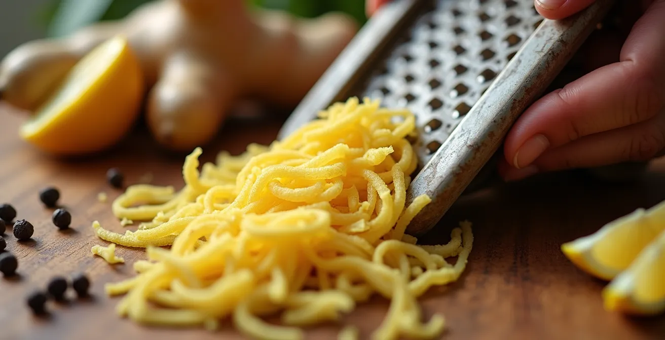 Manos rallando jengibre fresco con limón y pimienta negra sobre tabla de madera
