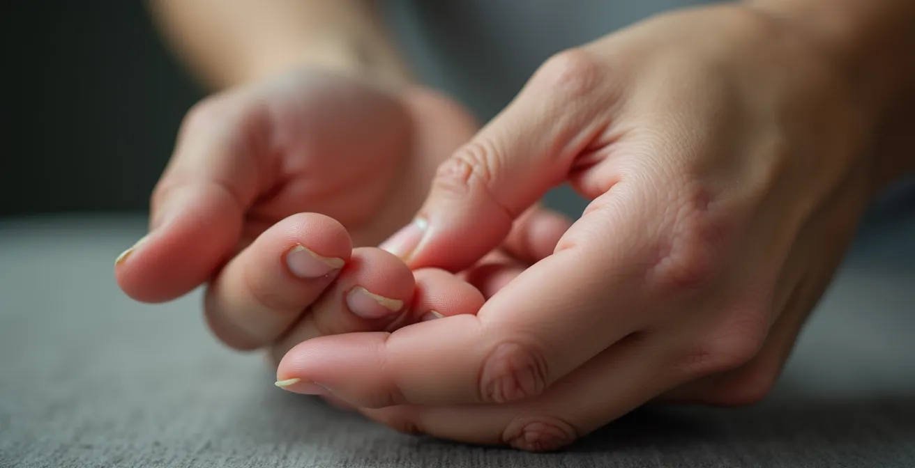 Manos mostrando puntos de acupresión para aliviar dolor de cabeza tensional